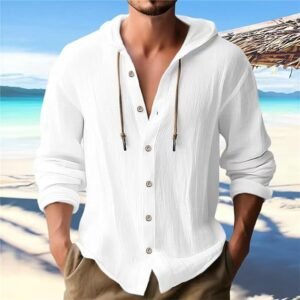 2025 new spring/summer men's hooded T-shirt solid color cotton linen men's casual long sleeved top-