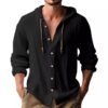 2025 new spring/summer men's hooded T-shirt solid color cotton linen men's casual long sleeved top-