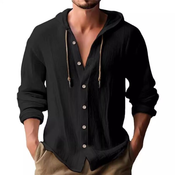 2025 new spring/summer men's hooded T-shirt solid color cotton linen men's casual long sleeved top-