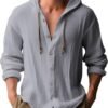 2025 new spring/summer men's hooded T-shirt solid color cotton linen men's casual long sleeved top-