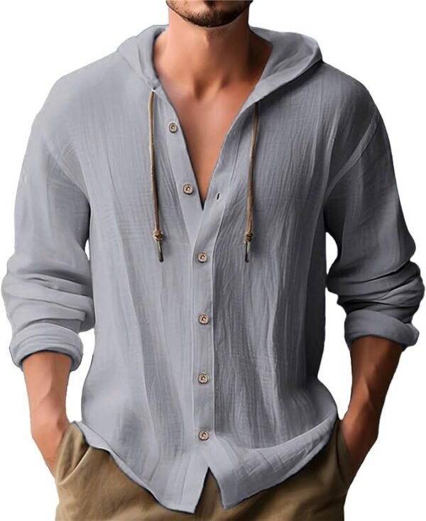 2025 new spring/summer men's hooded T-shirt solid color cotton linen men's casual long sleeved top-