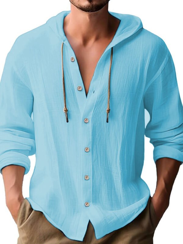 2025 new spring/summer men's hooded T-shirt solid color cotton linen men's casual long sleeved top-