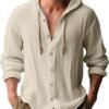 2025 new spring/summer men's hooded T-shirt solid color cotton linen men's casual long sleeved top-