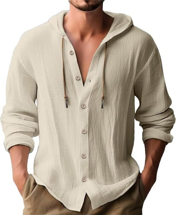2025 new spring/summer men's hooded T-shirt solid color cotton linen men's casual long sleeved top-